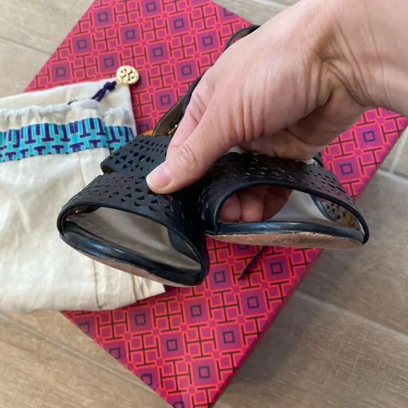 Tory Burch black laser cut leather wedge sandals 7