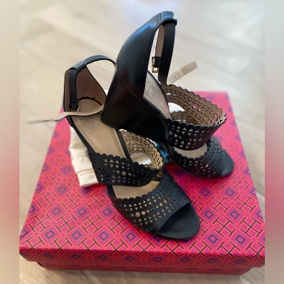 Tory Burch black laser cut leather wedge sandals 7