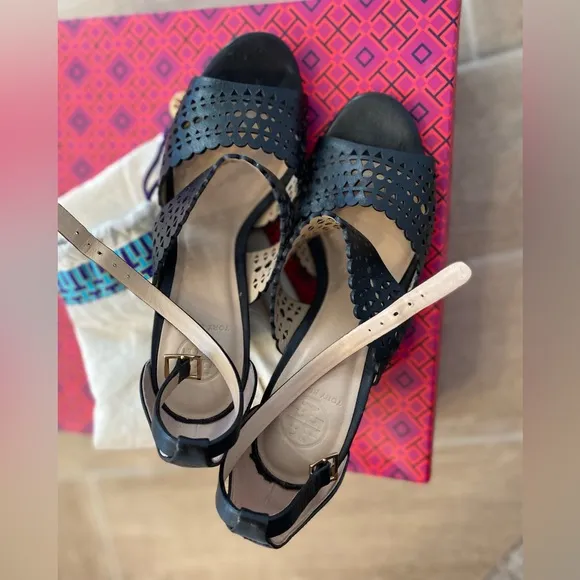 Tory Burch black laser cut leather wedge sandals 7