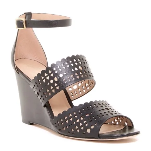 Tory Burch black laser cut leather wedge sandals 7