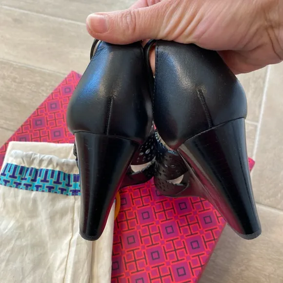 Tory Burch black laser cut leather wedge sandals 7