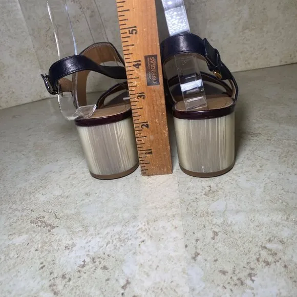 Tory Burch Black Leather Block Heel Sandals With Gold Accent