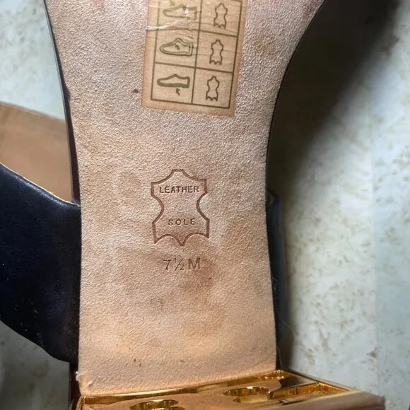 Tory Burch Black Leather Block Heel Sandals With Gold Accent