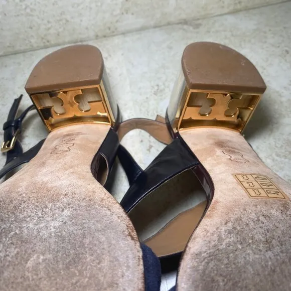 Tory Burch Black Leather Block Heel Sandals With Gold Accent