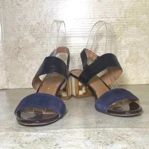 Tory Burch Black Leather Block Heel Sandals With Gold Accent