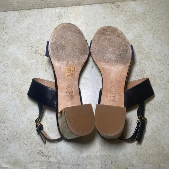 Tory Burch Black Leather Block Heel Sandals With Gold Accent