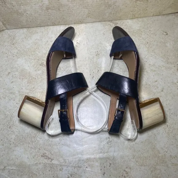 Tory Burch Black Leather Block Heel Sandals With Gold Accent