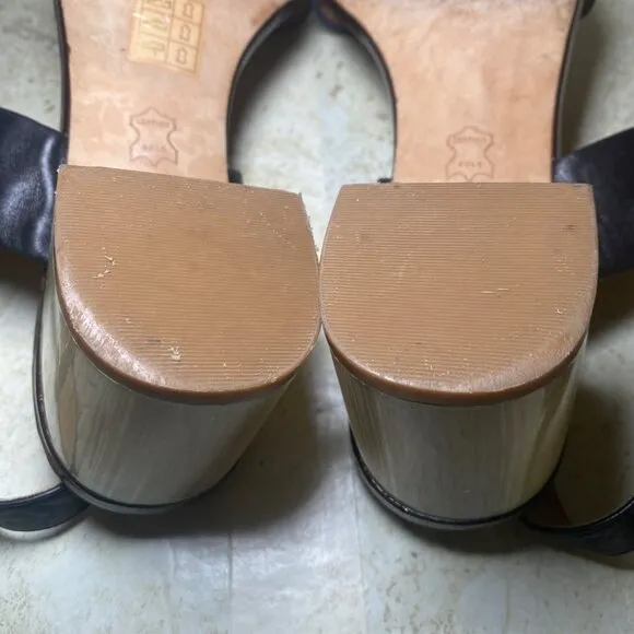 Tory Burch Black Leather Block Heel Sandals With Gold Accent