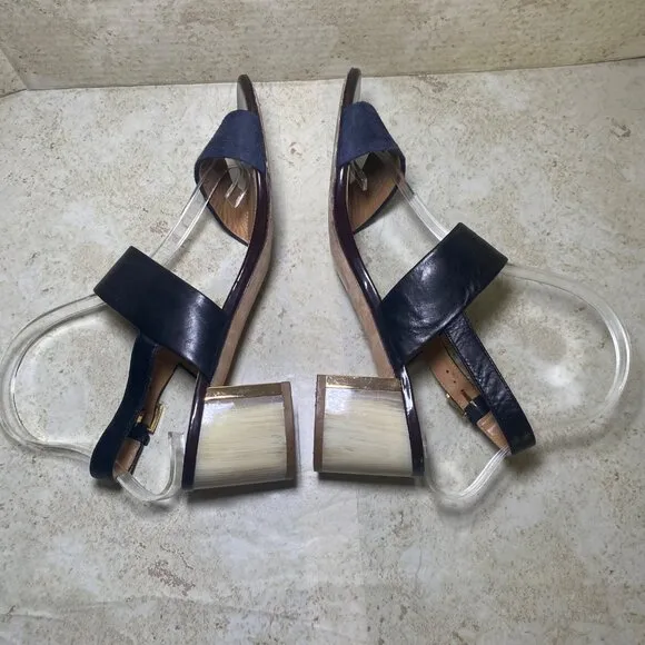 Tory Burch Black Leather Block Heel Sandals With Gold Accent