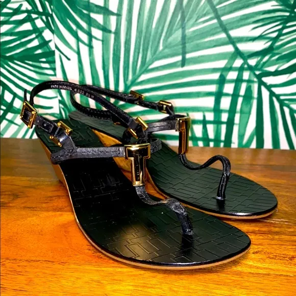 Tory Burch Black Leather Pauline Wedge Strappy Sandals Women’s 8.5 M