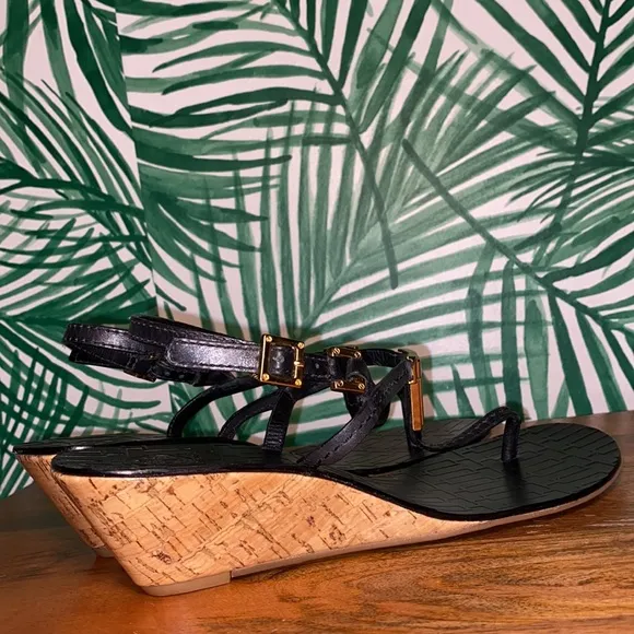 Tory Burch Black Leather Pauline Wedge Strappy Sandals Women’s 8.5 M