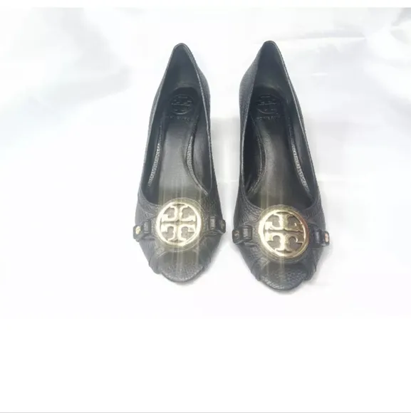 Tory Burch Black Leather Sally Wedge Pumps Size 6.5 M