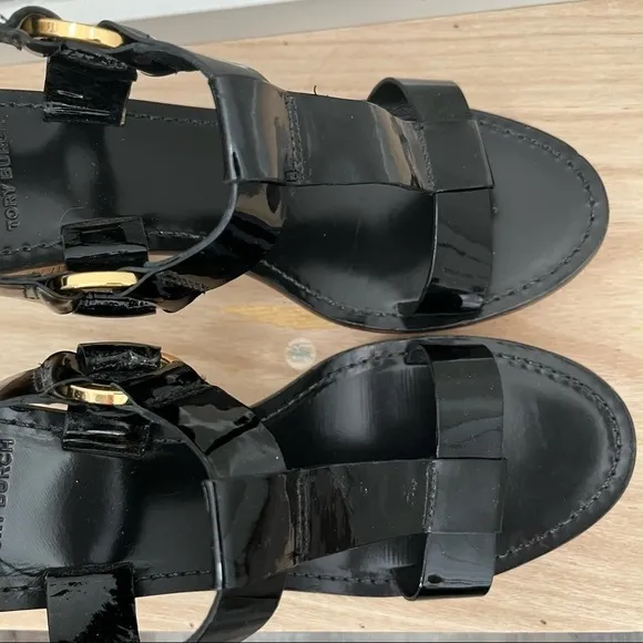 Tory Burch Black Leather Stacked Block Tan Platform Sandals 9.5