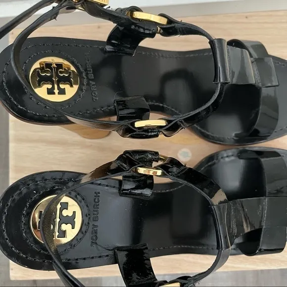 Tory Burch Black Leather Stacked Block Tan Platform Sandals 9.5
