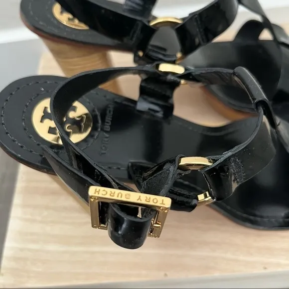 Tory Burch Black Leather Stacked Block Tan Platform Sandals 9.5
