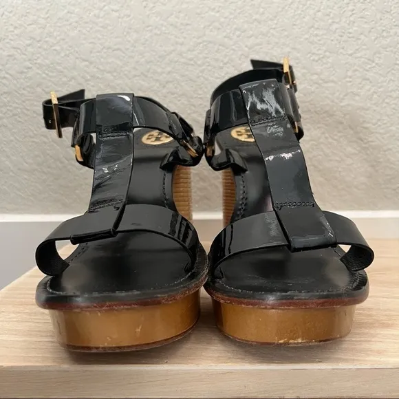 Tory Burch Black Leather Stacked Block Tan Platform Sandals 9.5