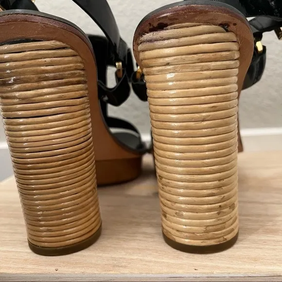 Tory Burch Black Leather Stacked Block Tan Platform Sandals 9.5