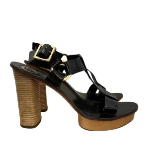 Tory Burch Black Leather Stacked Block Tan Platform Sandals 9.5