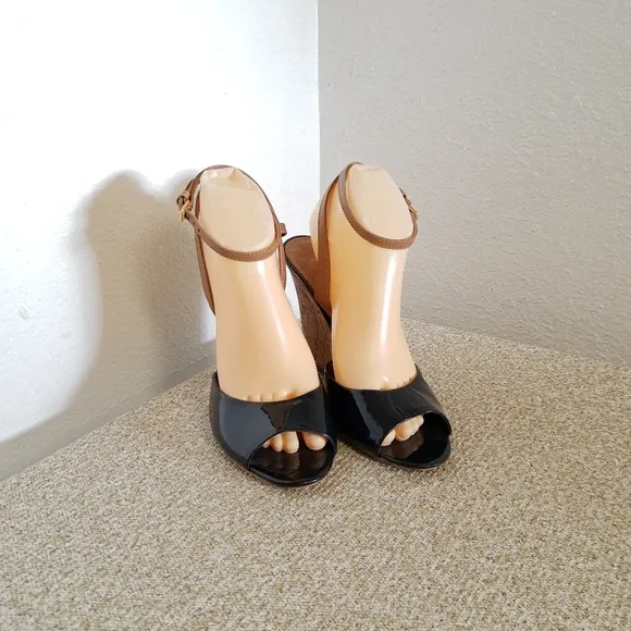 Tory Burch Black Patent Leather Wedge Sandals