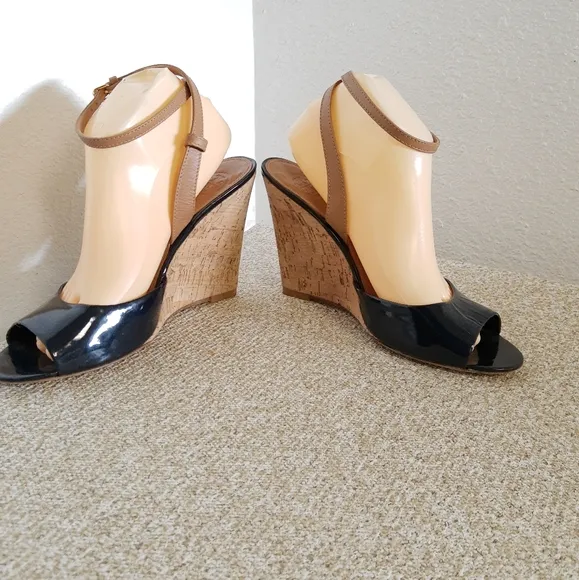Tory Burch Black Patent Leather Wedge Sandals
