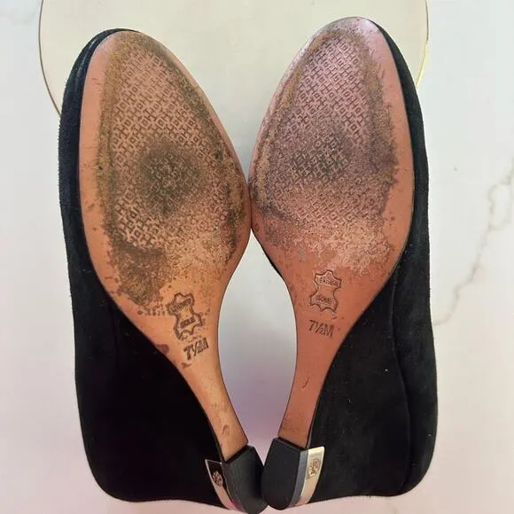 Tory Burch Black Suede Astoria Wedge Heels Size 7.5