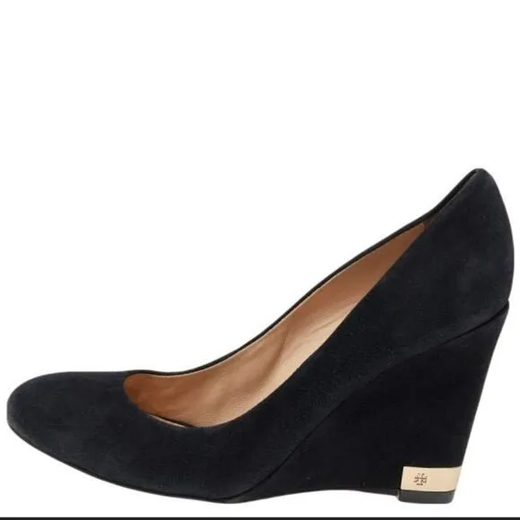 Tory Burch Black Suede Astoria Wedge Heels Size 7.5