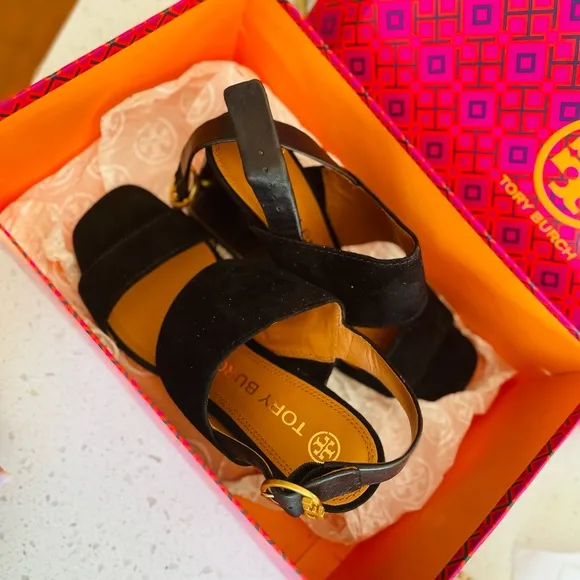 Tory Burch Black Suede Block Heel Sandal