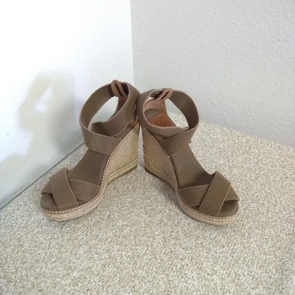 Tory Burch Brown Canvas Espadrille Wedge Sandals