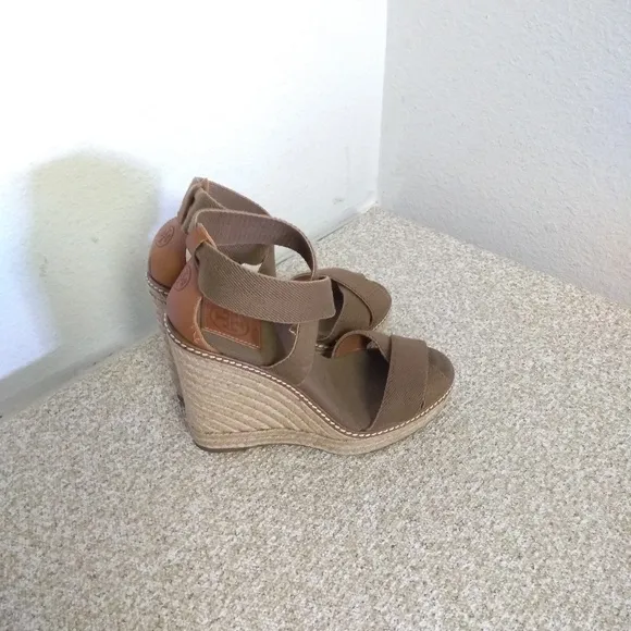 Tory Burch Brown Canvas Espadrille Wedge Sandals