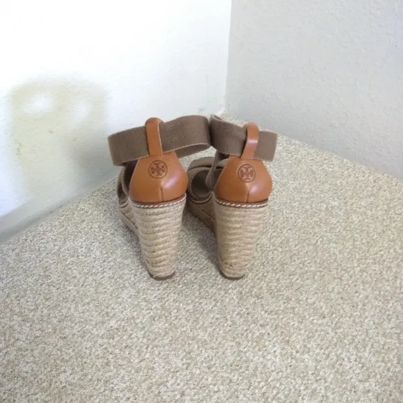 Tory Burch Brown Canvas Espadrille Wedge Sandals
