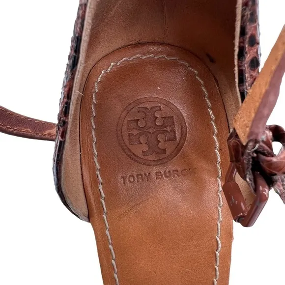 Tory Burch Brown Leather Python Platform Wedge Sandals Size 9 1/2 Women’s