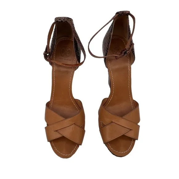 Tory Burch Brown Leather Python Platform Wedge Sandals Size 9 1/2 Women’s