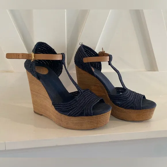 Tory Burch Carina Macrame Wedge Sandals size 7- 5 inch heel, preppy vineyard