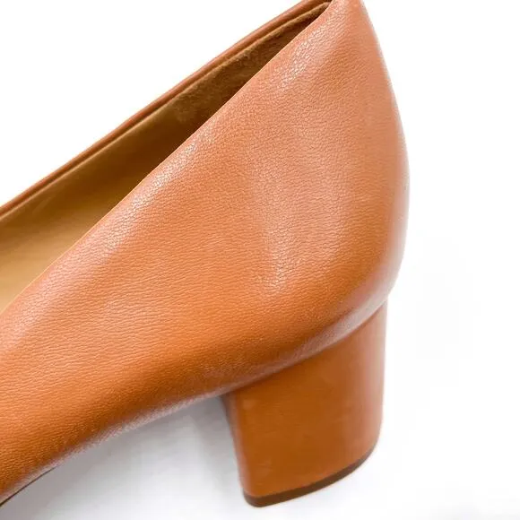 Tory Burch Chelsea Pumps Tan Leather Block Heels Gold Medallion Logo Sz 11