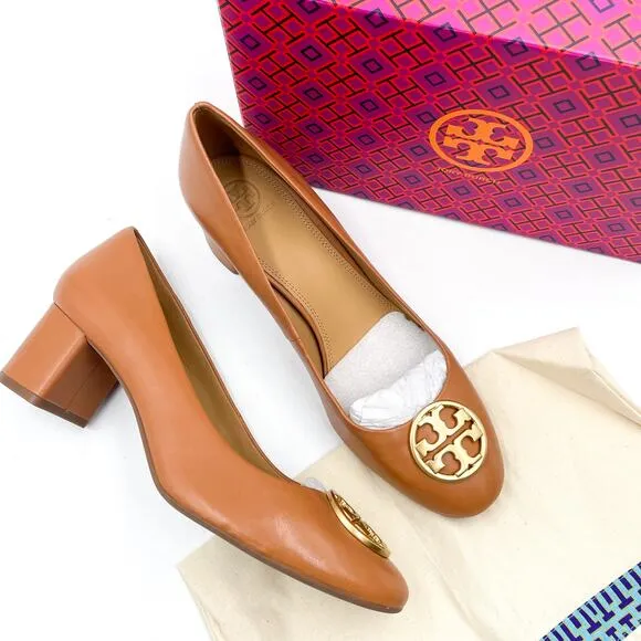 Tory Burch Chelsea Pumps Tan Leather Block Heels Gold Medallion Logo Sz 11