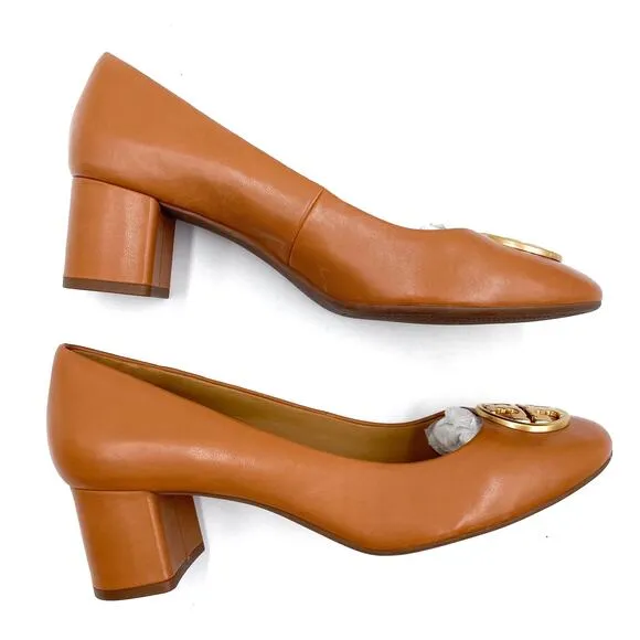 Tory Burch Chelsea Pumps Tan Leather Block Heels Gold Medallion Logo Sz 11