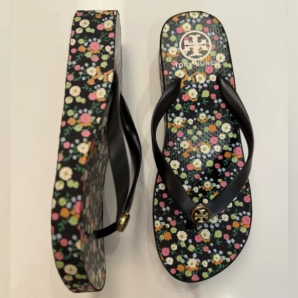 Tory Burch Classic Wedge Black Floral Flip Flop Sandals, PVC/Rubber, 9M, NO BOX