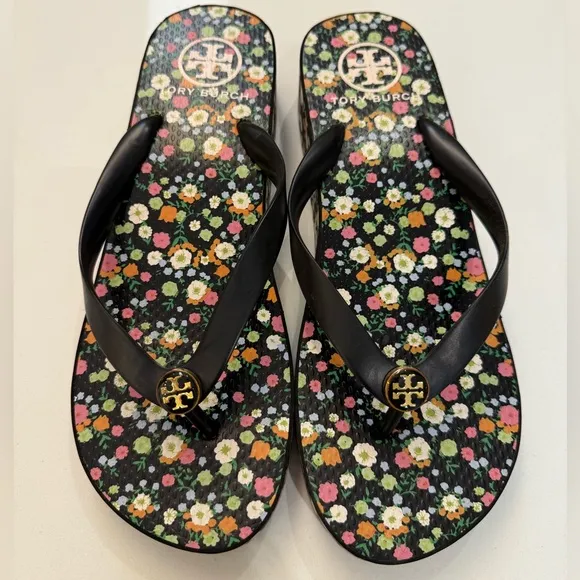 Tory Burch Classic Wedge Black Floral Flip Flop Sandals, PVC/Rubber, 9M, NO BOX