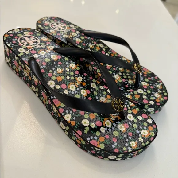 Tory Burch Classic Wedge Black Floral Flip Flop Sandals, PVC/Rubber, 9M, NO BOX