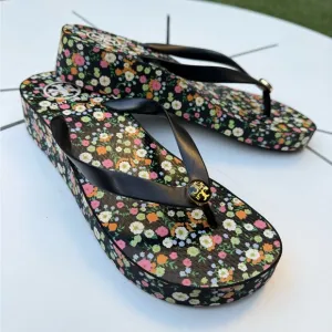 Tory Burch Classic Wedge Black Floral Flip Flop Sandals, PVC/Rubber, 9M, NO BOX