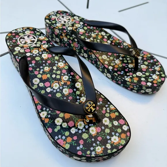 Tory Burch Classic Wedge Black Floral Flip Flop Sandals, PVC/Rubber, 9M, NO BOX