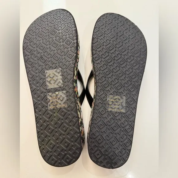 Tory Burch Classic Wedge Black Floral Flip Flop Sandals, PVC/Rubber, 9M, NO BOX