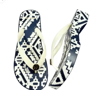 Tory Burch Designer Printed Carved Wedge Flip-flop in Blue Sandals Shoes Size 7