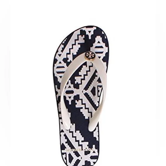 Tory Burch Designer Printed Carved Wedge Flip-flop in Blue Sandals Shoes Size 7