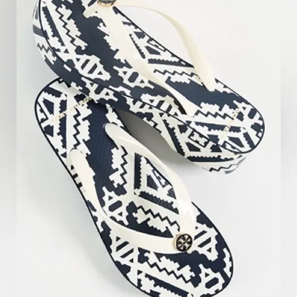 Tory Burch Designer Printed Carved Wedge Flip-flop in Blue Sandals Shoes Size 7