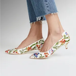 Tory Burch Elizabeth Painted Iris Embroidered Canvas Kitten Heels Pumps