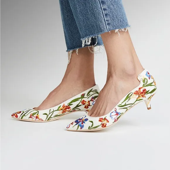 Tory Burch Elizabeth Painted Iris Embroidered Canvas Kitten Heels Pumps