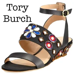 Tory Burch Estella Crystal Embellished Leather Wedge Sandals Size 6 1/2