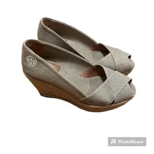 Tory Burch Filipa Wedge Espadrille Peep Toe Canva Beige Shoes Size 5