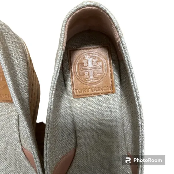 Tory Burch Filipa Wedge Espadrille Peep Toe Canva Beige Shoes Size 5